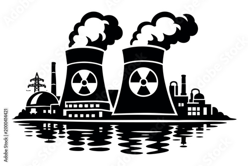 Nuclear power plant silhouette generating electricity, emitting steam, with radioactive warning signs and reflection on water