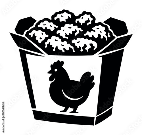 Fried chicken nuggets or popcorn chicken filling an open bucket with a chicken mascot graphic, representing fast food takeaway