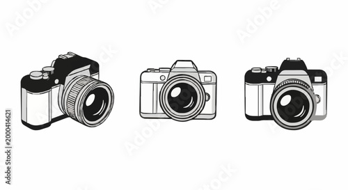 Illustrated cameras against plain background in detailed line drawings showcasing designs