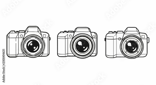 Simple line drawing of three cameras facing forward, arranged horizontally, in a minimalist style, against a plain environment, from a frontal viewpoint, as a graphic element