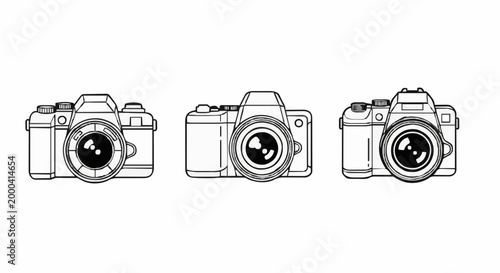 Digital illustration of cameras with distinct designs and features in a simple line drawing style