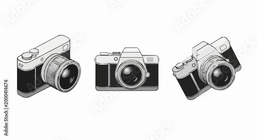 Cameras facing different directions in grayscale illustration viewed from front