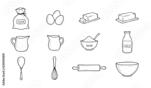 Bakery ingredient doodle icon set with flour eggs butter cream sugar milk and utensils in hand drawn sketch vector style isolated on white background