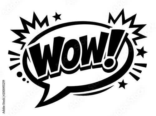 Comic book speech bubble featuring Wow text with stars and burst effects, representing surprise, excitement, and impact