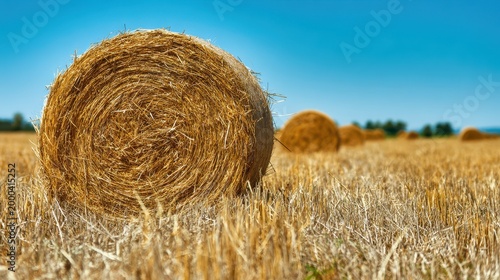 Round hay bale in a golden stubble field under a clear blue sky