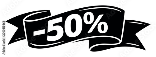 Black and white 50 off ribbon banner representing a half price sale, limited time offer, and shopping promotion