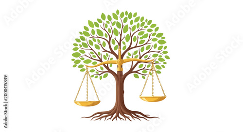Symbolic image of a tree with balanced scales hanging from its branches representing justice and fairness in nature