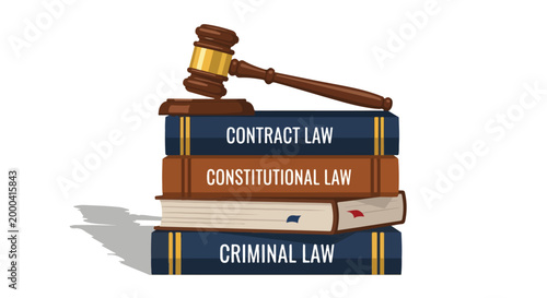 Stack of legal books labeled contract law constitutional law and criminal law with a gavel on top representing legal