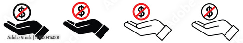 No dollar sign vector graphic in simple flat style, clear prohibition icon over dollar currency sign representing blocked transactions, currency limitations, or payment rules for financial dashboards