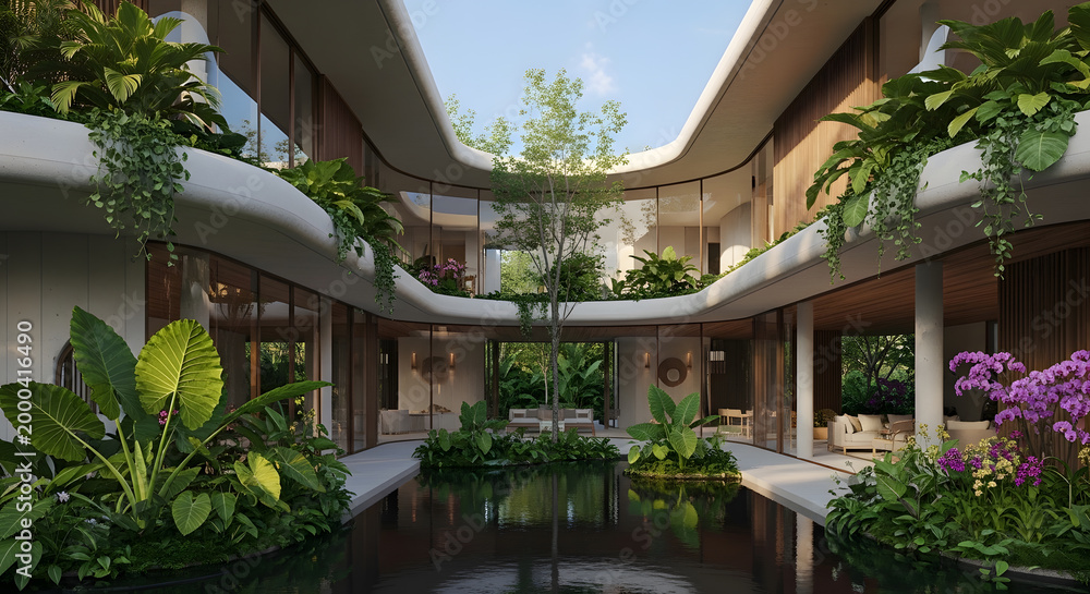 Fototapeta premium Modern courtyard house with lush greenery and a tranquil water feature