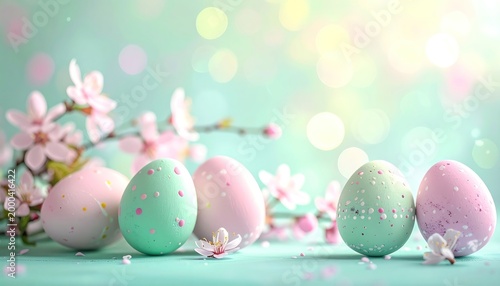 A vibrant and festive Easter scene showcases a collection of pastel-colored eggs nestled amongst delicate cherry blossoms, creating a joyful and springtime atmosphere.