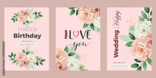 Floral wedding and birthday cards with love text