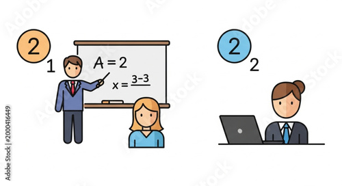 Teacher instructing student in front of whiteboard with math equations.