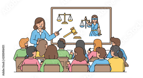 Educational classroom scene with a teacher giving a lecture to students sitting in rows and a whiteboard with a diagram