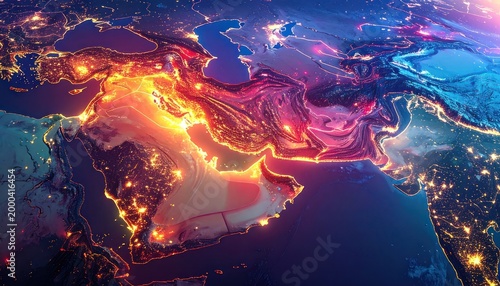 A vibrant, abstract representation of the Middle East and surrounding regions, illuminated with glowing colors and intricate details, evokes a sense of energy and interconnectedness.
