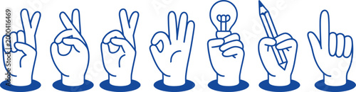 Collection of stylized blue line art hands making various gestures and holding objects isolated on transparent background
