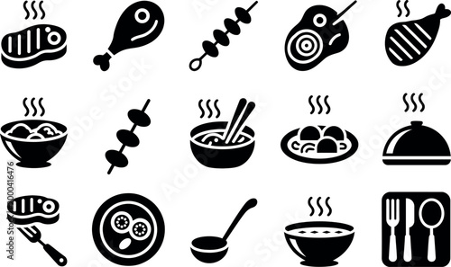 Collection of stylized black icons representing various delicious food items and meal preparations