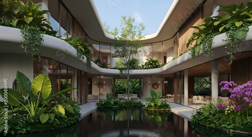 Modern courtyard house with lush greenery and a tranquil water feature