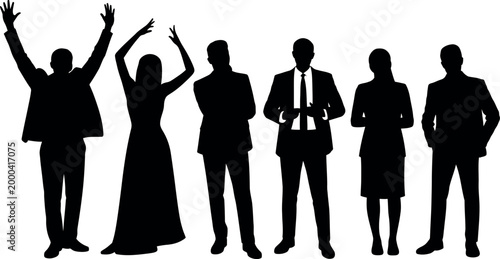 Diverse group of people silhouettes with raised arms and formal attire standing together