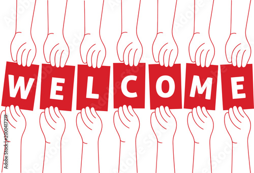 Multiple hands holding red cards spelling out the word welcome in white letters