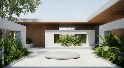 Modern courtyard with lush greenery and minimalist architecture