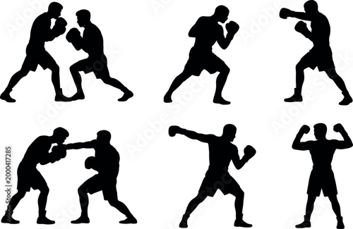 Silhouette collection of boxers in various fighting stances demonstrating athletic movement and combat training