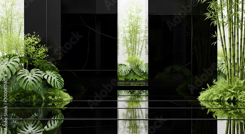 Modern minimalist interior with lush green monstera and bamboo plants reflected on black floor