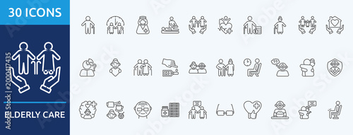 elderly care
 - Icon Collection. Thin outline Set contains such Icons as old, nurse, therapy, caregiver, health and more. Simple web icons set
