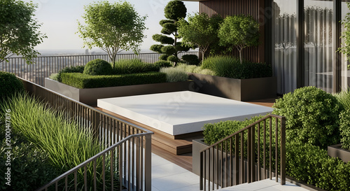 Modern rooftop garden with lush greenery and a white platform