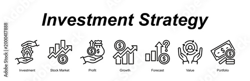 Investment Strategy banner web icon vector illustration concept with an icon of Investment, Stock Market, Profit, Growth, Forecast, Value, Portfolio 