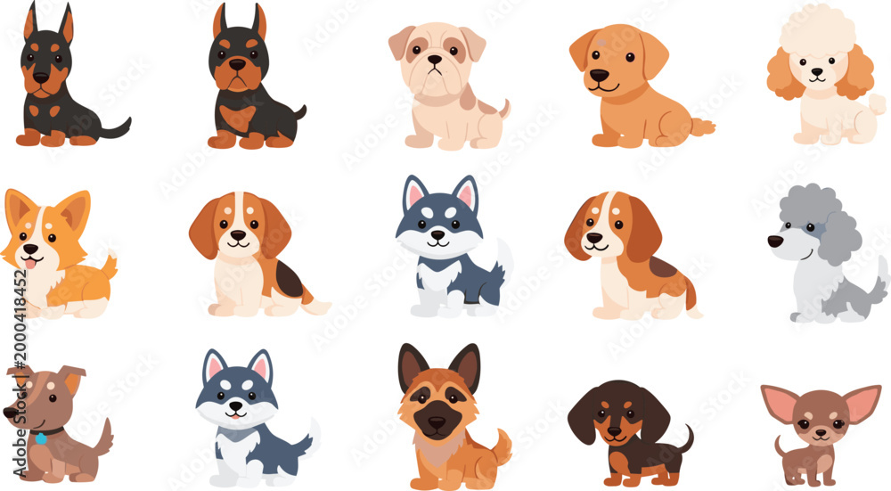 Fototapeta premium Cartoon Dog Breed Icons Set Featuring Popular Puppies for Pet, Animal, and Cartoon Illustration Designs