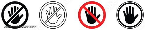 No entry hand prohibition signs vector graphic collection featuring stop hand icons with prohibition marks, representing entry denial, safety warnings, and controlled access rules for buildings