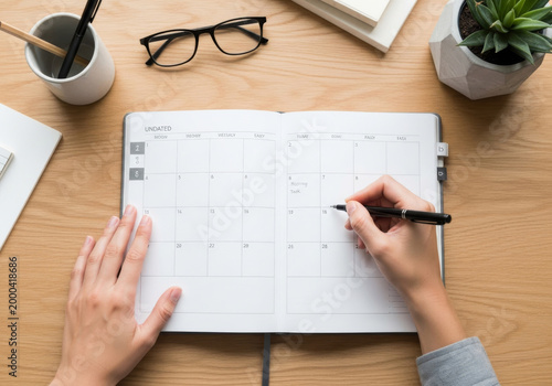 Top view of hands writing in a planner on a wooden desk