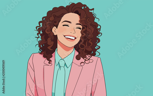 Cheerful professional woman with curly hair laughing happily