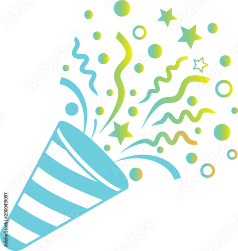 Teal party horn with colorful confetti and stars.