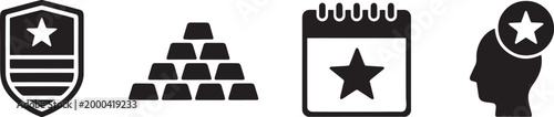 Black icons of shield, gold bars, calendar and human head.