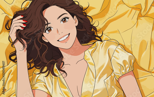 Smiling Young Woman Lying on Yellow Satin Bedding