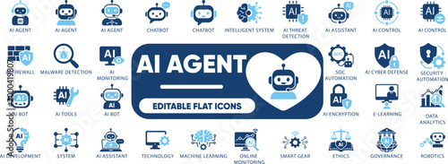 AI Agent Editable icon set. AI, Agent, Security, Technology, Chatbot, Robot, Automation, and solid icons.
