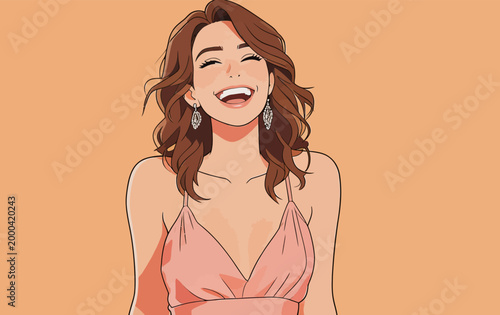 Joyful young woman laughing happily in stylish pink dress