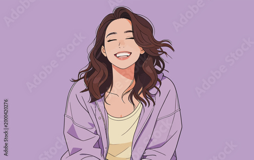 Cheerful young woman laughing happily in stylized illustration