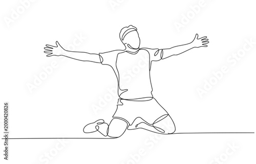 Obraz na plátně Soccer player celebrating a goal one line drawing arms wide line art single foot