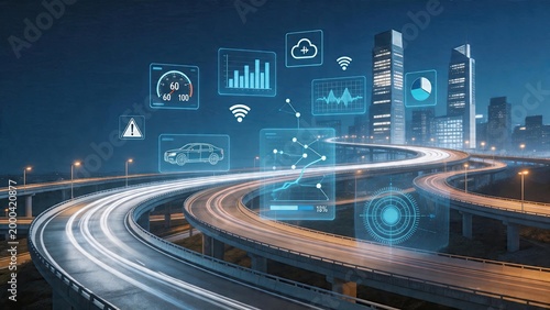 Smart transportation autonomous driving future city traffic concept 3D illustration holographic interface data analytics internet of things cloud computing wireless technology