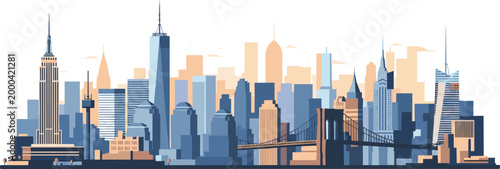 New York City Skyline Vector Illustration with Iconic Landmarks, Bridges, and Modern Skyscrapers for Travel, Architecture, and Urban Design