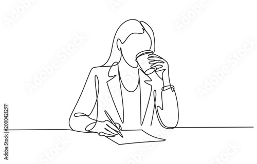 Continuous line drawing of a woman in a suit drinking coffee and writing with single line one hot drink beverage cup business minimalist illustration productive concentration