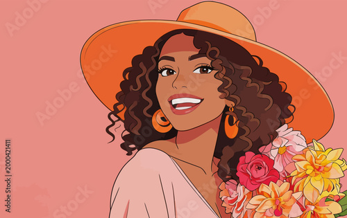 Smiling Black Curly Haired Woman with Floral Bouchet and Sun Hat