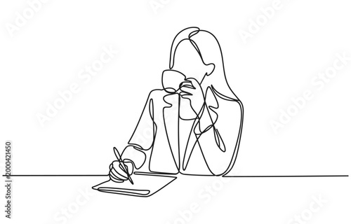 Continuous line drawing of a woman in a suit drinking coffee and writing with single line one hot drink beverage cup business minimalist illustration productive concentration