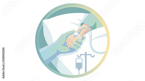 Compassionate vector illustration for International Thalassemia Day showing an adult comforting a child patient with an IV drip receiving medical care.
