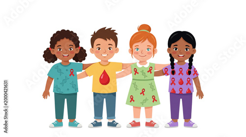 Diverse group of young children united for International Thalassemia Day awareness with blood health symbols, flat vector illustration.
