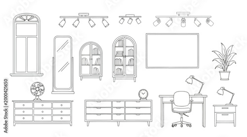 Set of interior furniture and home decor elements