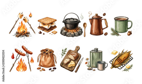 Watercolor Camping Food and Drink Clipart Set – Marshmallow Campfire Smores Cast Iron Pot Coffee Percolator Enamel Mug Hot Dog Trail Mix Bread Board Flask Corn Illustration Bundle, Earthy Tone Rustic 